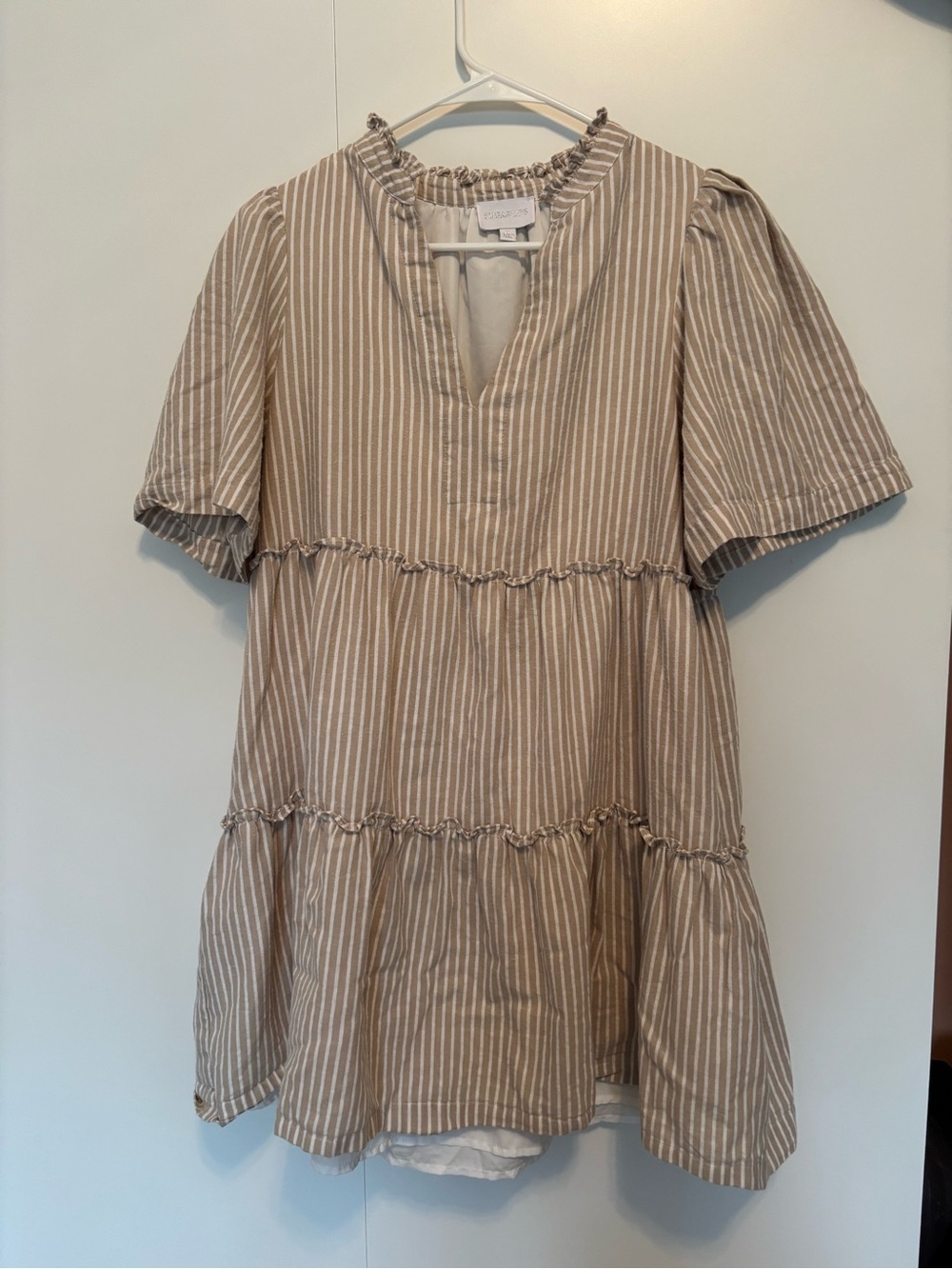 Sugarlips Beige and White Striped Tiered Mini Dress